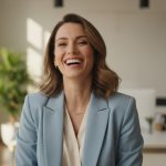 Donna in carriera che sorride in un ambiente lavorativo professionale