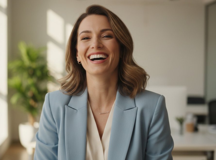 Donna in carriera che sorride in un ambiente lavorativo professionale