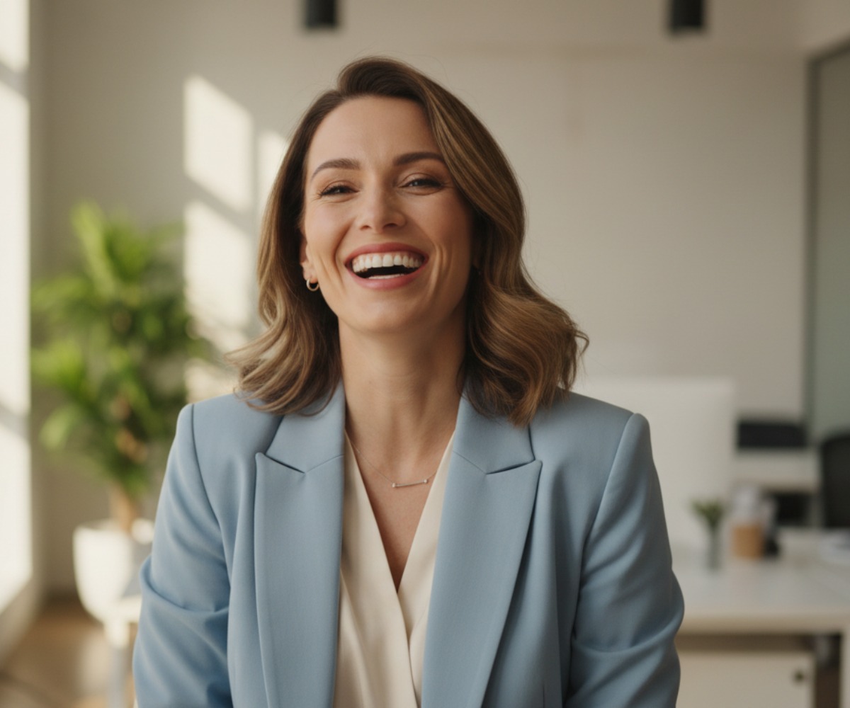 Donna in carriera che sorride in un ambiente lavorativo professionale