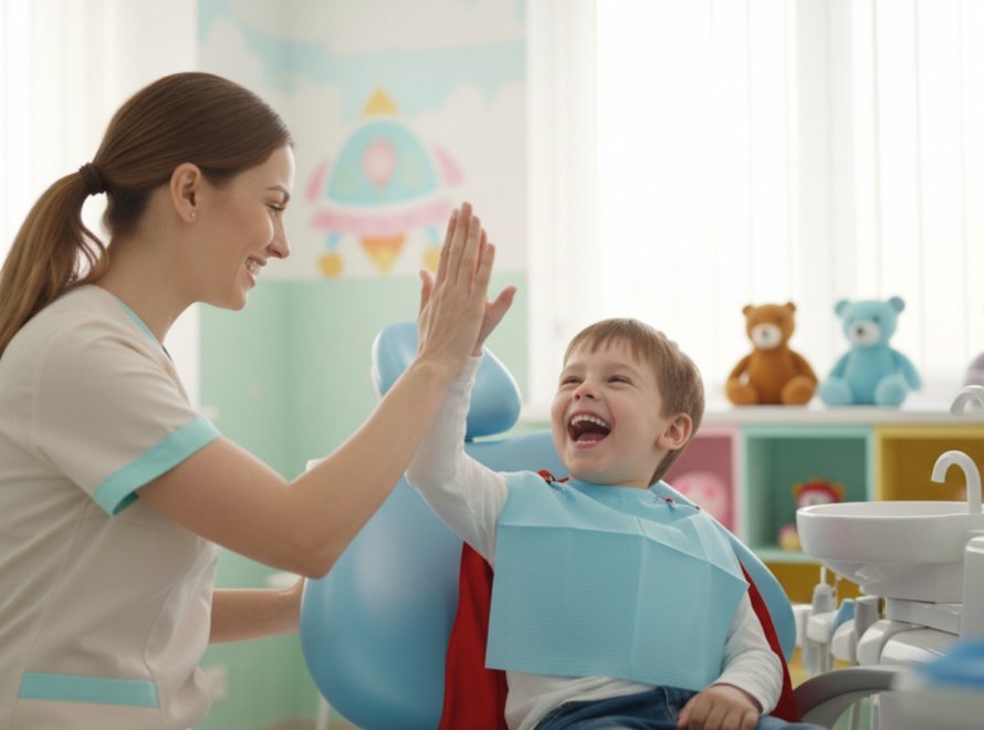 Dottoressa dentista che batta il cinque con il suo piccolo paziente sorridente