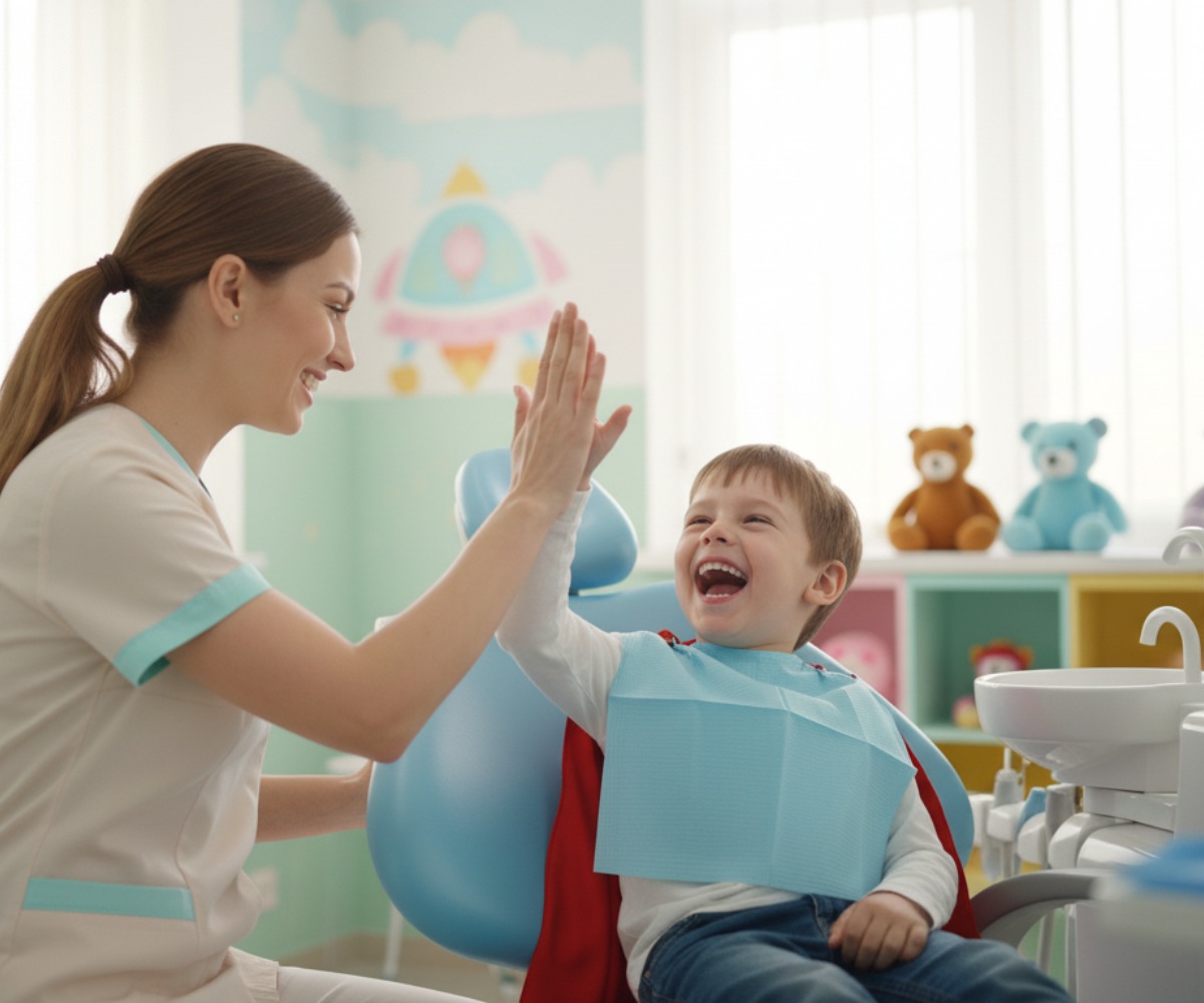 Dottoressa dentista che batta il cinque con il suo piccolo paziente sorridente